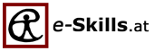 e-Skills-Logo: Mensch-Symbol in ein Kleines-E integriert mit quadratischem Rahmen und Webadresse