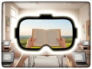 VR-Brille in einem Klassenzimmer mit Laptops mit Durchsicht auf ein Buch in einer grünen Landschaft